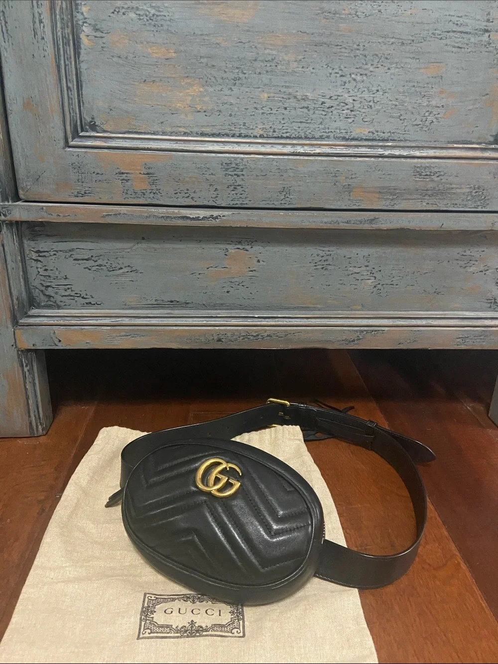 Gucci Black Leather GG Marmont Belt Bag with Gold Hardware
